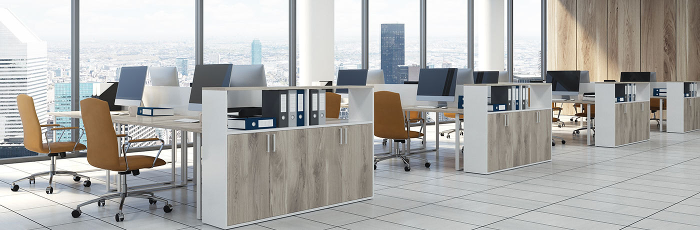 Clean office overlooking a city