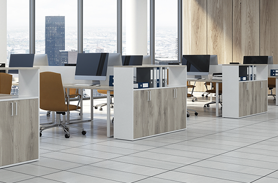 Empty and clean rows of desks in an office