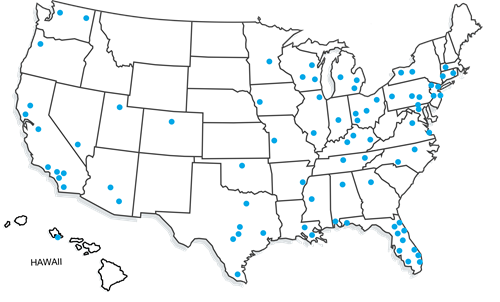 Map of the US with blue dots indicating Coverall National Accounts