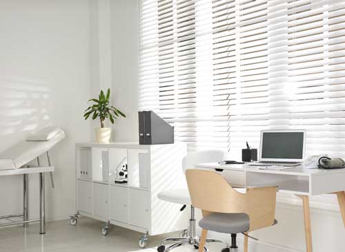 Bright medical office with a desk, laptop, chair, examination bed, and shelving with a plant.