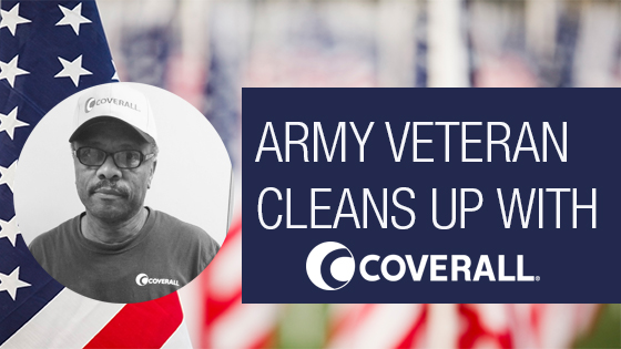 Army veteran in Coverall cap, shirt; text reads "Army Veteran Cleans Up with Coverall" beside US flag background.