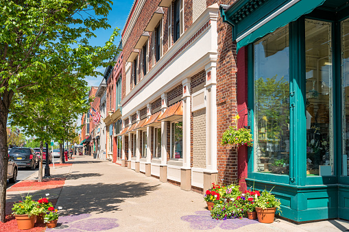 Sunlit small town street with colorful storefronts, trees, and sidewalk planters.