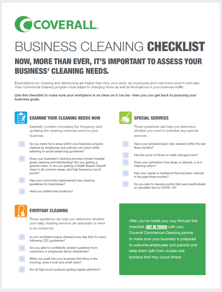 Coverall business cleaning checklist emphasizing the importance of assessing and updating cleaning practices for safety.
