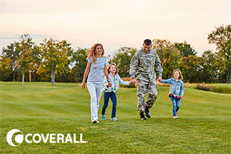 Family walking on grass with trees in background. Smiling child holds hands with parents. "Coverall" logo in corner.