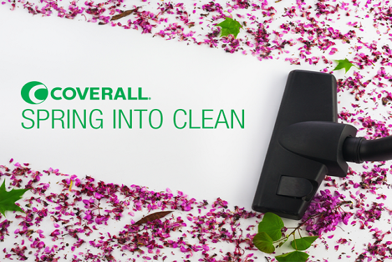 Vacuum cleaning pink petals with text "Coverall Spring Into Clean" on a white background.