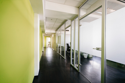 Bright hallway in an office with green walls and glass office doors on the right side.