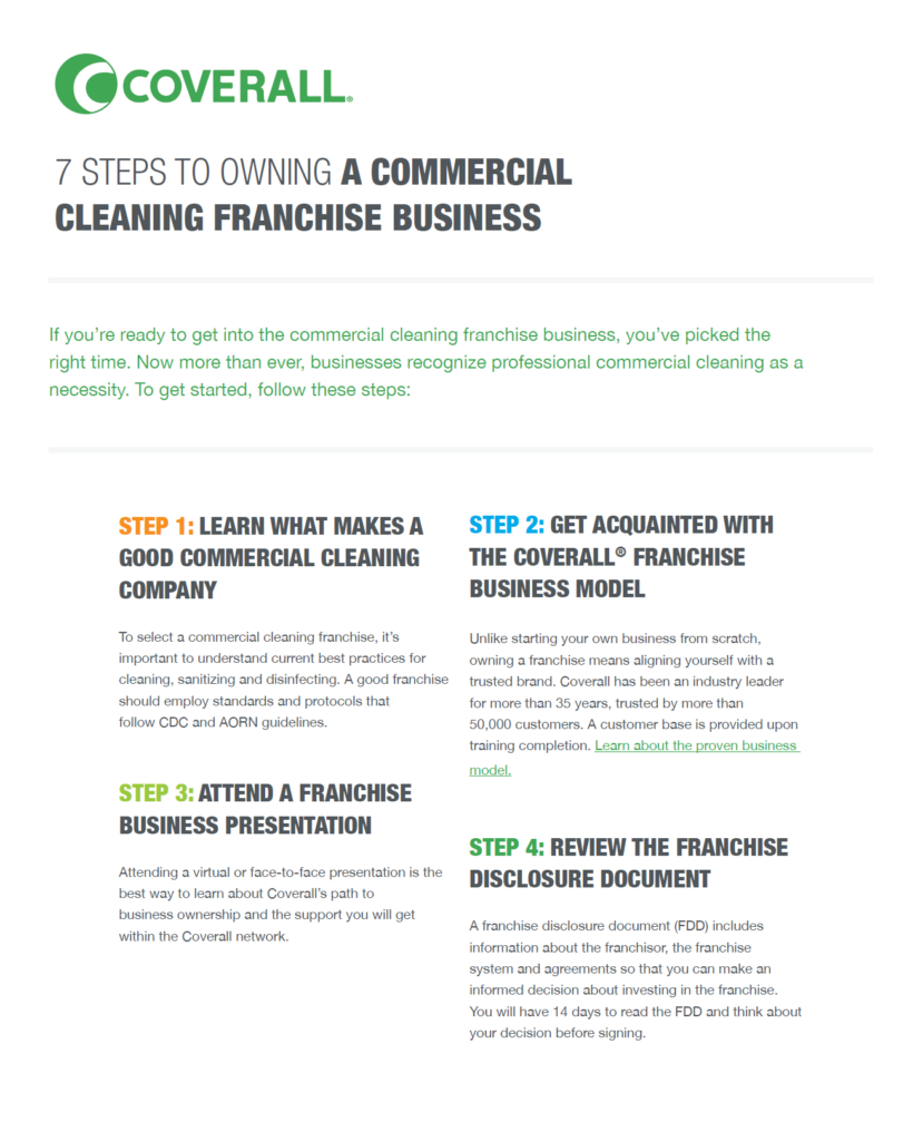 Coverall guide on owning a commercial cleaning franchise, highlighting steps to learn, get acquainted, attend, and review.