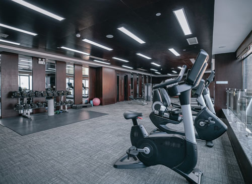 Modern gym with exercise bikes, weights, and mirrors, featuring gray carpet and dark wooden accents.
