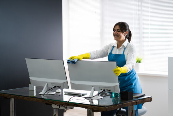 Person cleaning a dual monitor setup on a desk, wearing a blue apron and yellow gloves in a bright office.