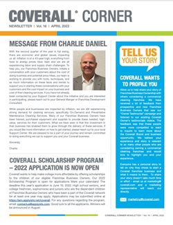 Newsletter cover titled "Coverall Corner" with a message from Charlie Daniel and information on a scholarship program.