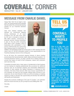 Coverall Corner newsletter cover featuring a message from Charlie Daniel and a call for story submissions.