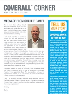 Coverall Corner newsletter July 2022 with a message from Charlie Daniel and "Tell Us Your Story" highlight on the side.