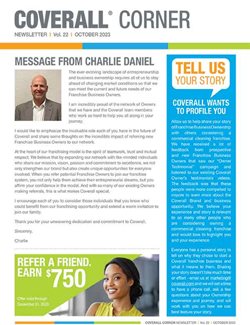 Coverall Corner newsletter page featuring a message from Charlie Daniel and sections on sharing stories and referral rewards.
