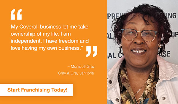 aug_testimonial_gray Smiling woman with text about owning a Coverall business for independence and freedom. Button reads "Start Franchising Today!