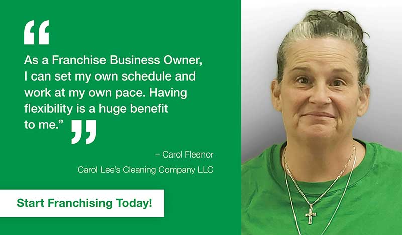 coverall_email-testimonials-carol_1 Woman in green shirt smiles beside a quote about franchise benefits. Text: "Start Franchising Today!"
