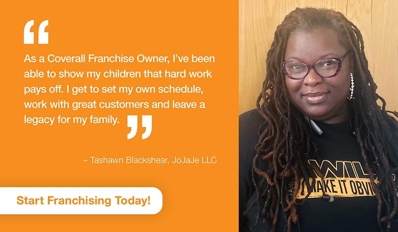 coverall_email-testimonials2_1 Woman in glasses sharing her success story as a Coverall Franchise Owner, encouraging others to start franchising today.