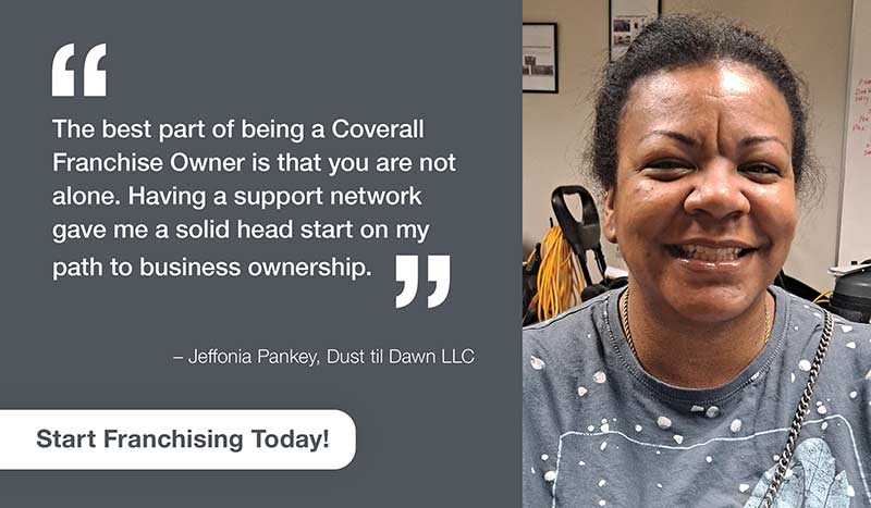 coverall_email-testimonials_1 Smiling woman with a testimonial about the benefits of being a Coverall Franchise Owner, highlighting support and business gr