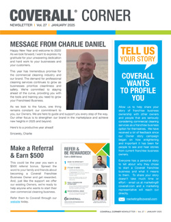 Coverall Corner newsletter page with articles on referrals, a message from Charlie Daniel, and a call for stories.