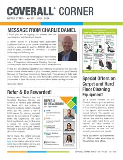 Newsletter titled "Coverall Corner" featuring a message from Charlie Daniel, rewards program, and cleaning equipment offers.