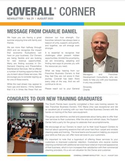 Coverall newsletter page featuring a message from Charlie Daniel with his photo, and section on new training graduates with a