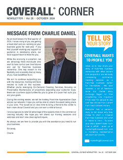 Newsletter cover titled "Coverall Corner" with a message from Charlie Daniel and a section inviting story submissions.