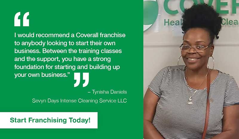 oct-testimonial-1-v3 Smiling woman with glasses promotes franchising opportunities, emphasizing training and support for businesses.