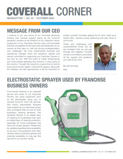 Newsletter cover with CEO message, a photo of an older man, and image of an electrostatic sprayer. October 2020 edition.