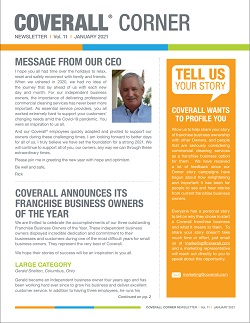 Newsletter titled "COVERALL Corner" with message from CEO, franchise winners, and a call for stories. Includes CEO photo.