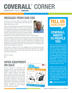 Coverall Corner newsletter cover featuring a CEO message, a sale on Viper equipment, and a call to share your story.