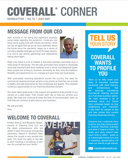 Coverall Corner newsletter cover. Includes a message from the CEO, an introduction to new franchisees, and call to share stor