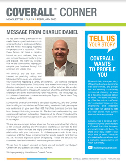 Coverall Corner Newsletter, February 2023. Message from Charlie Daniel with photo, plus a section inviting stories from reade