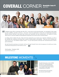 Coverall Corner newsletter cover with a diverse group photo and text about company updates and milestone moments.
