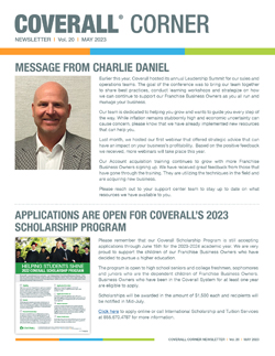 Coverall newsletter with a message from Charlie Daniel and details about the 2023 scholarship program for employees.