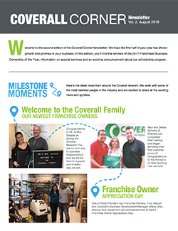 Coverall Corner newsletter cover with highlights on new franchise owners and franchise owner appreciation day.