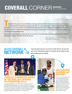 Coverall Corner Newsletter: Highlights franchise achievements, CEO message, franchisee awards, and CSR Cleaning's win.