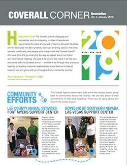 Coverall Corner newsletter, January 2019 edition, featuring a New Year message and community service projects with photos.