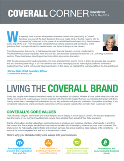Coverall Corner newsletter cover, Vol. 5, May 2019, featuring articles on brand values and a message from the COO.