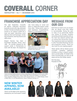 Coverall Corner newsletter, December 2019 issue. Includes articles on Franchise Appreciation Day, CEO message, and new appare