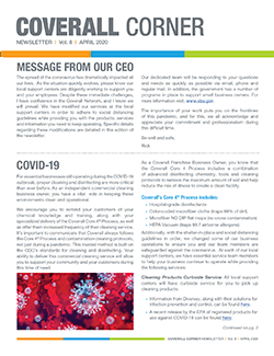 Coverall Corner newsletter, April 2020. Topics: CEO message, COVID-19 update, services offered. Image of virus particles.