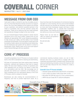 Coverall Corner newsletter, July 2020: CEO's message, Core 4® Process info, and commercial cleaning benefits.