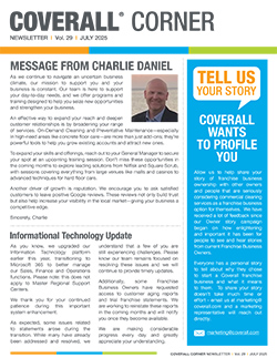 Coverall newsletter July 2023 with message from Charlie Daniel and an IT update. Highlight on sharing customer stories.
