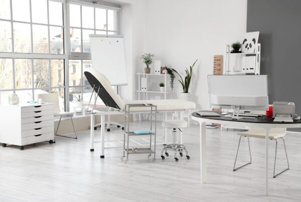 Interior modern medical workspace with furniture and plants