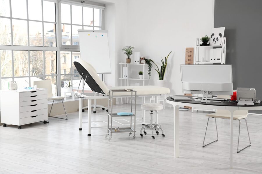 Interior modern medical workspace with furniture and plants