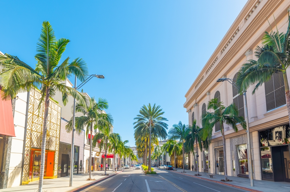 high end retail street in Los Angeles featuring retail stores and palm trees