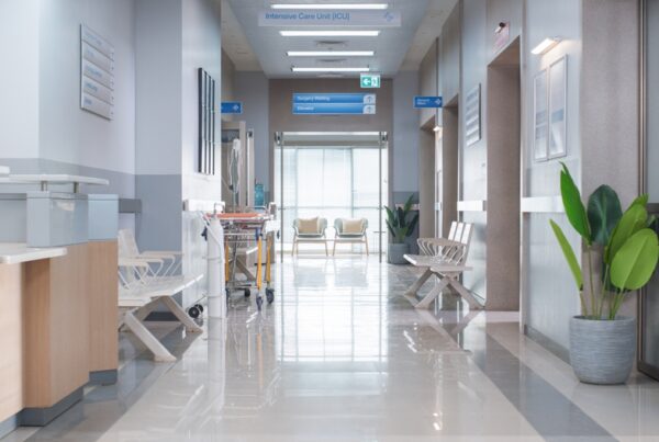 Empty Hospital Reception Lobby with Chairs and welcome area.