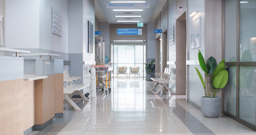 Empty Hospital Reception Lobby with Chairs and welcome area.